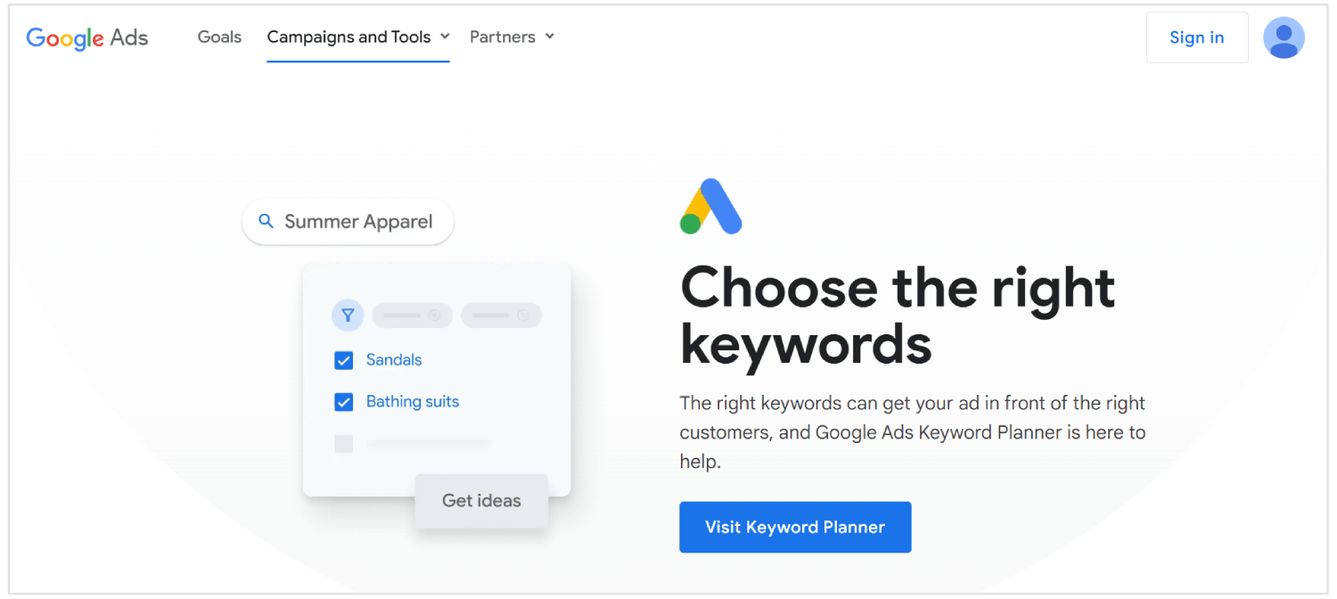 homepage di Google Keyword Planner